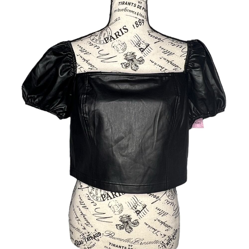Avec Les Filles (L) Faux Leather Puffy Sleeve Zipper Back Square Neck Crop Top